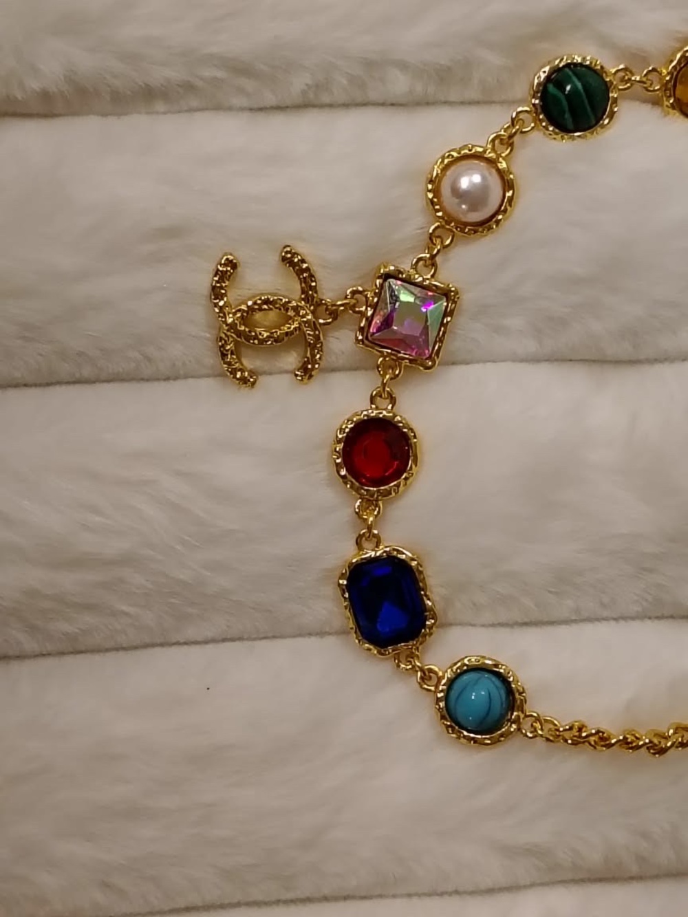 Gold-Tone Multicolor Crystal Bracelet- Pearl, Blue, Red, Teal